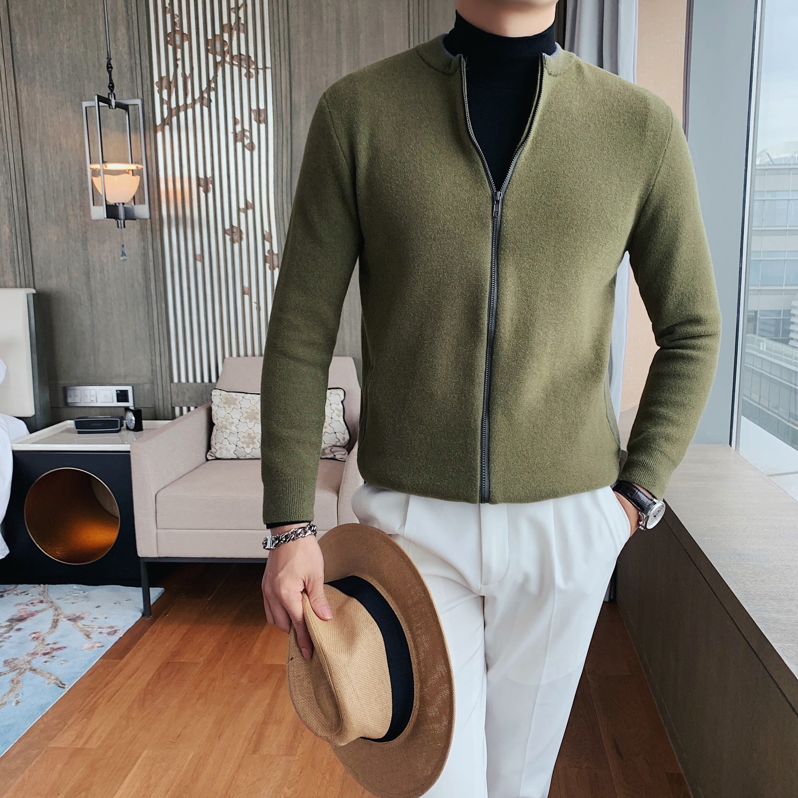 

2021 New British Style Cardigan Jackets Fashion Long Sleeve-neck Neck Sweater Men's Clothes All Fine Mesh Adjustment Pull Homme 3xl S47r, Black