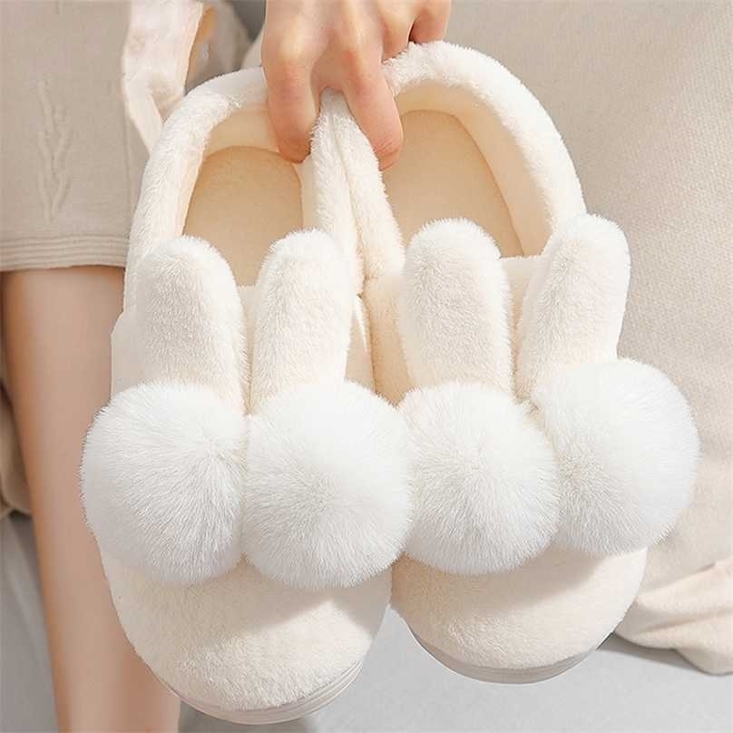 

Lovely Plush Rabbit Ears Fluffy Faux Fur Warm Cover Heel Home Slipper Indoor Flat Shoes Winter Outdoor Cotton Slides 211110, Dark grey