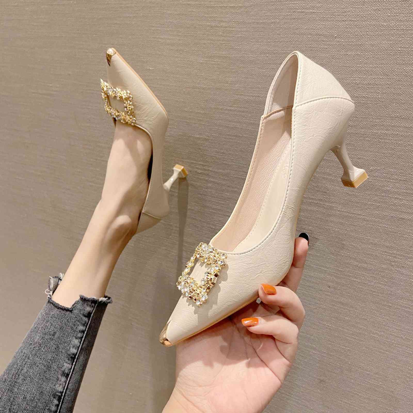

heel Dress Shoes Thin high shallow mouth fashion single shoes diamond pointed metal buckle women's cat Korean square RUWC, 1# shoe box