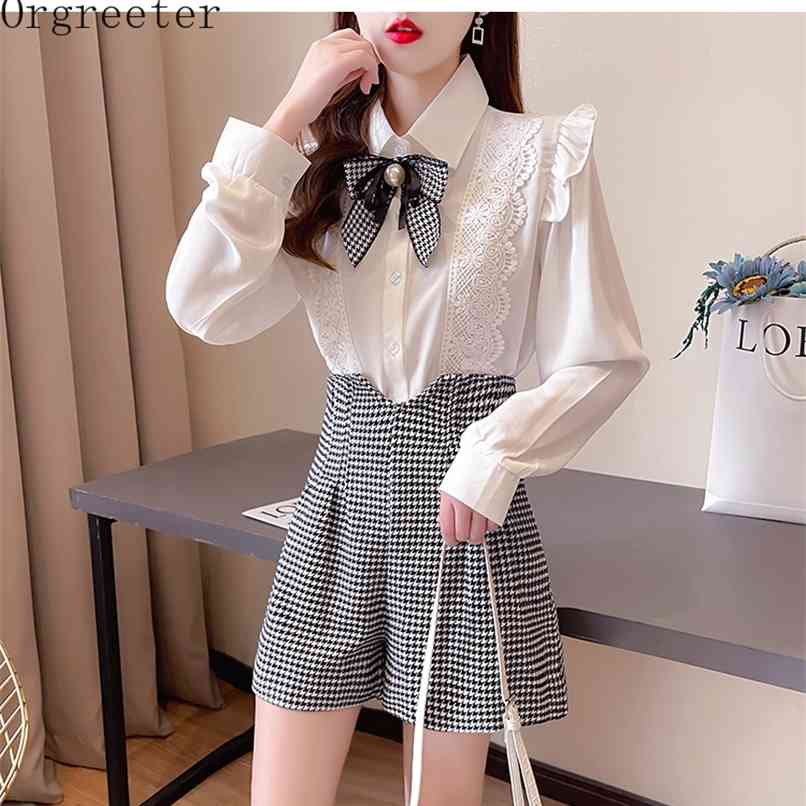 

Preppy Style Shirt Shorts 2 piece set Women Ruffles Lace Trim White + Wide leg Houndstooth Suits With Pearl Bow 210602