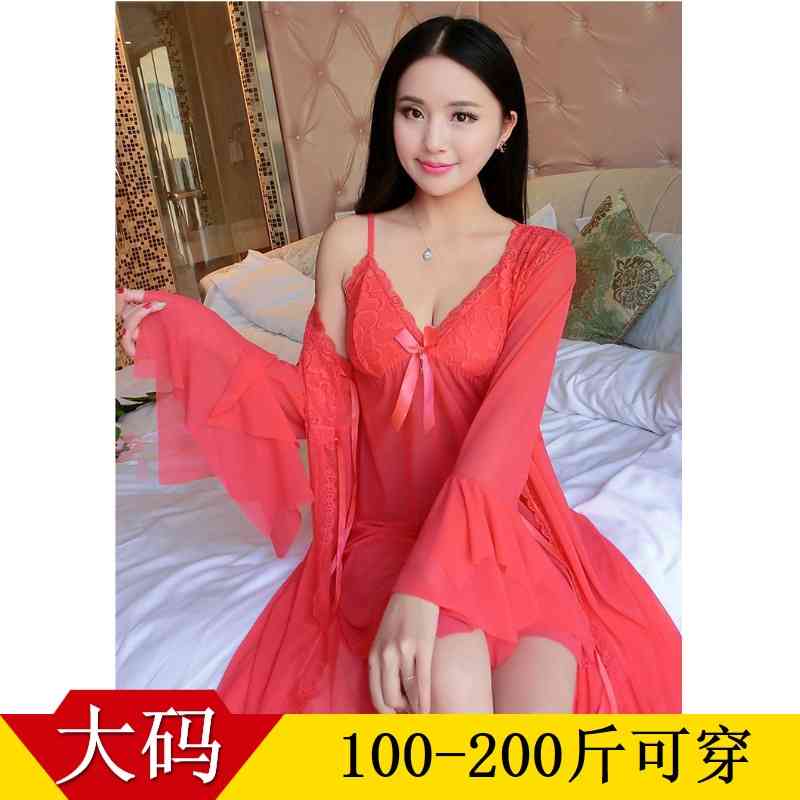 

Three piece lace pajamas sexy underwear perspective dress large size women's mesh suspender nightdress, Red