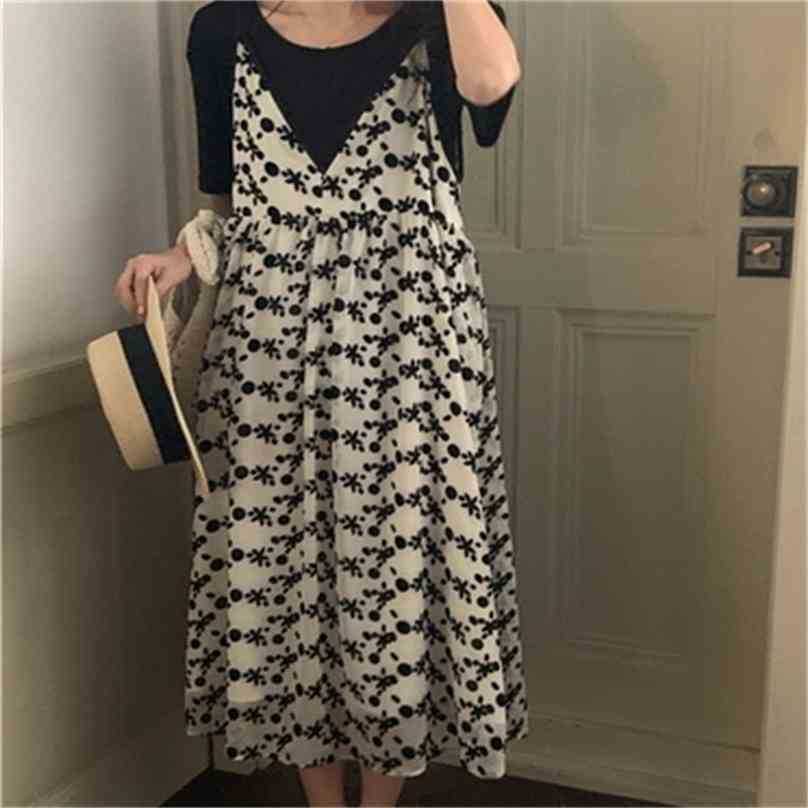 

Black Florals Casual All Match Slip Dress Printing Prom Sleeveless Sweet Femme Chic Long Dresses Vestidos 210525, Photo color