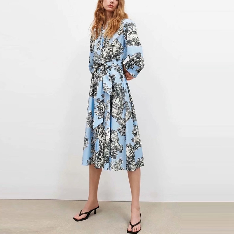 

Fashion Women Spring Floral Dress Turn Down Collar Midi Shirt Casual Street Style Vacation es 210525, Blue