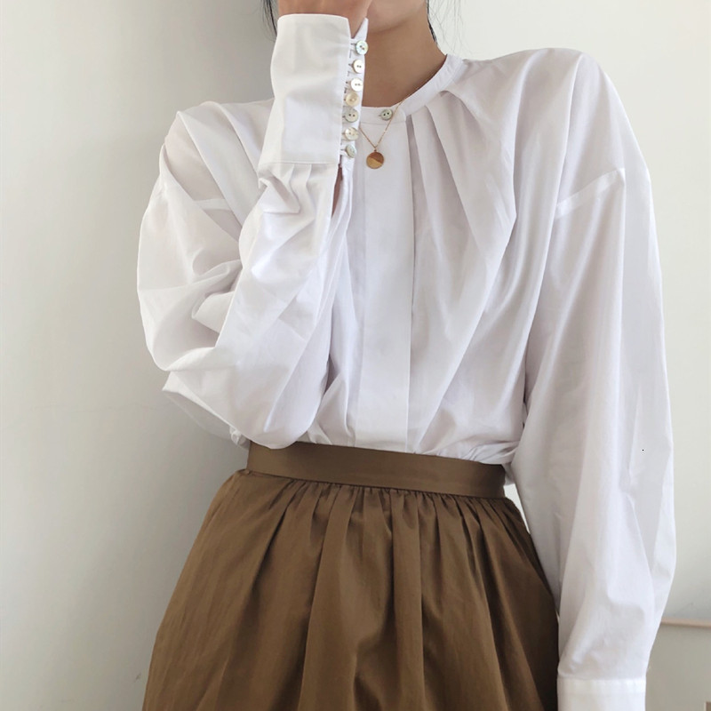 

2021 New Blusa Solta Feminina Silhueta De Mangas Compridas Plissado Branco 100% Algodo O-neck Camisa Com Botes Gd5q, Black