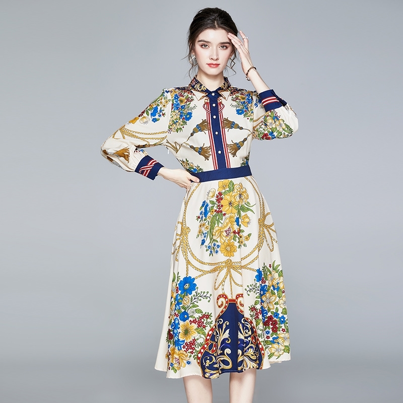 

Banulin Fashion Runway Autumn Vintage Print Dress Women's Puff Sleeve Chain Floral Elegant Midi Dresses Female 210603, The picture color