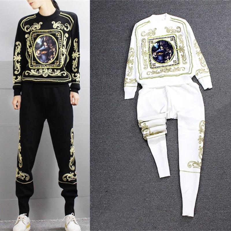 

Women's Two Piece Pants Spring And Winter Retro Vintage Golden Floral Embroidered Beaded Loose Top + Harem Casual Clothing Set NS444, Black