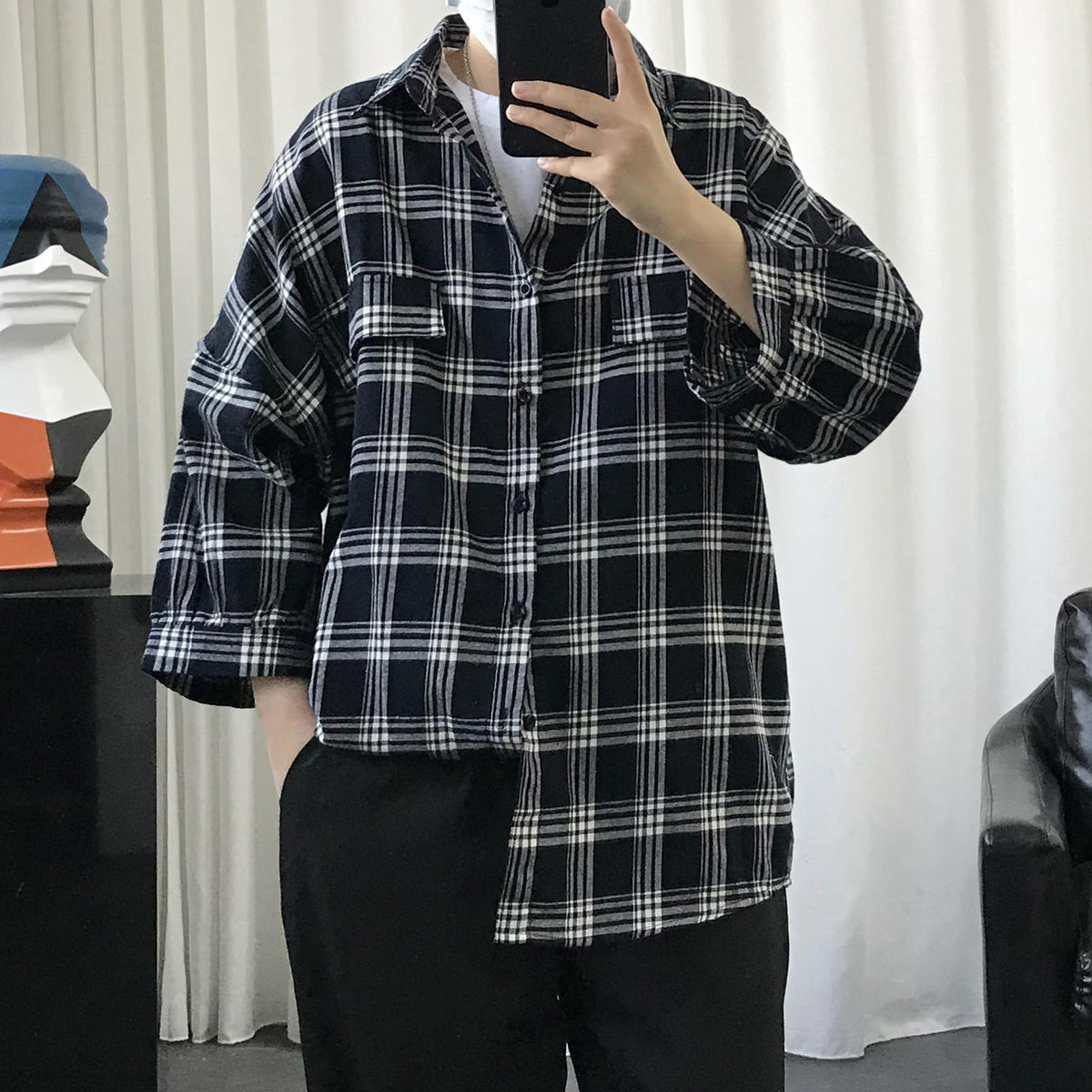 

2021 New Summer Men's Lattice Printing Seven-sleeves Hawaiian Shirt Camisa Masculina French Cuff Shirts Cotton Clothes Size M-2xl Fmrf, White