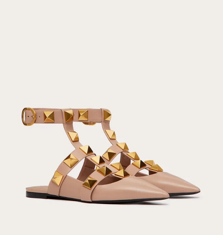 

Elegant 2021S Women Rock Studs Ballerinas Roman Stud Ballet Flat Strappy Calfskin With Straps Pointed Toe Lady Walking Shoes EU35-43, Black