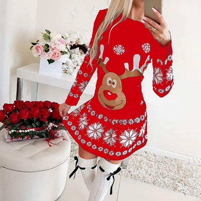 

Casual Dresses Christmas Bodycon For Women 2021 Fashion Xmas Print Woman Dress Long Sleeve Spring Autumn Clothing Female Robe Noel, Black