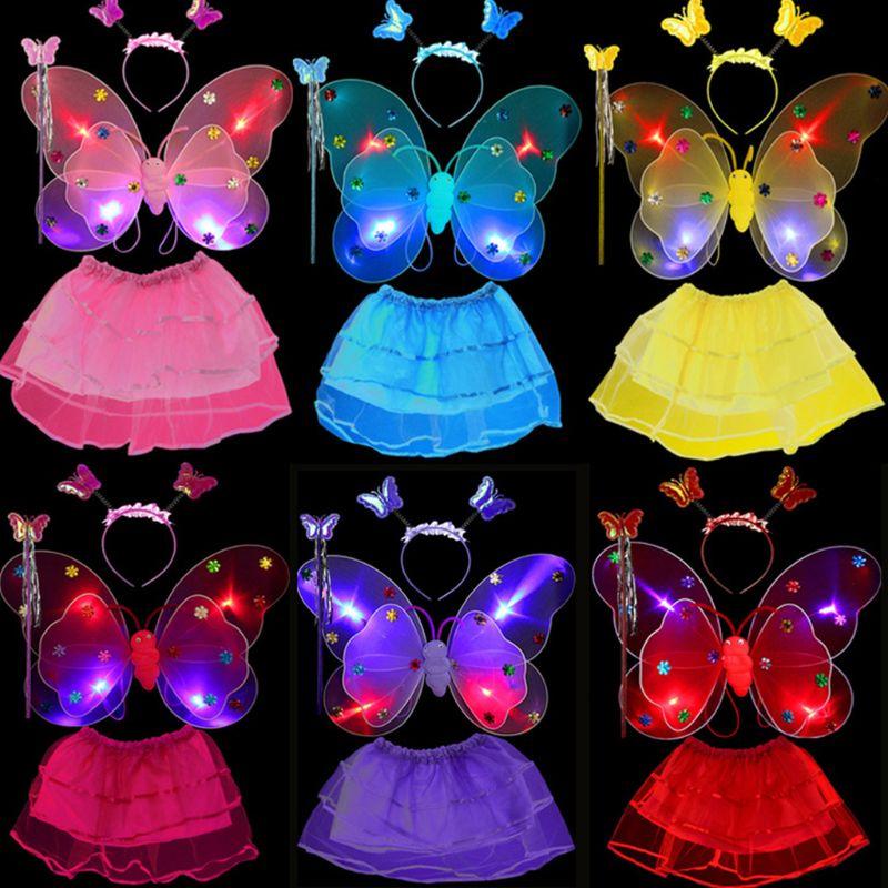 

Skirts Girl LED Double Layer Butterfly Wings Set Irregular Tiered Mesh Tutu Skirt Fairy Wand Headband Princess Party Costume 2-8T, Green