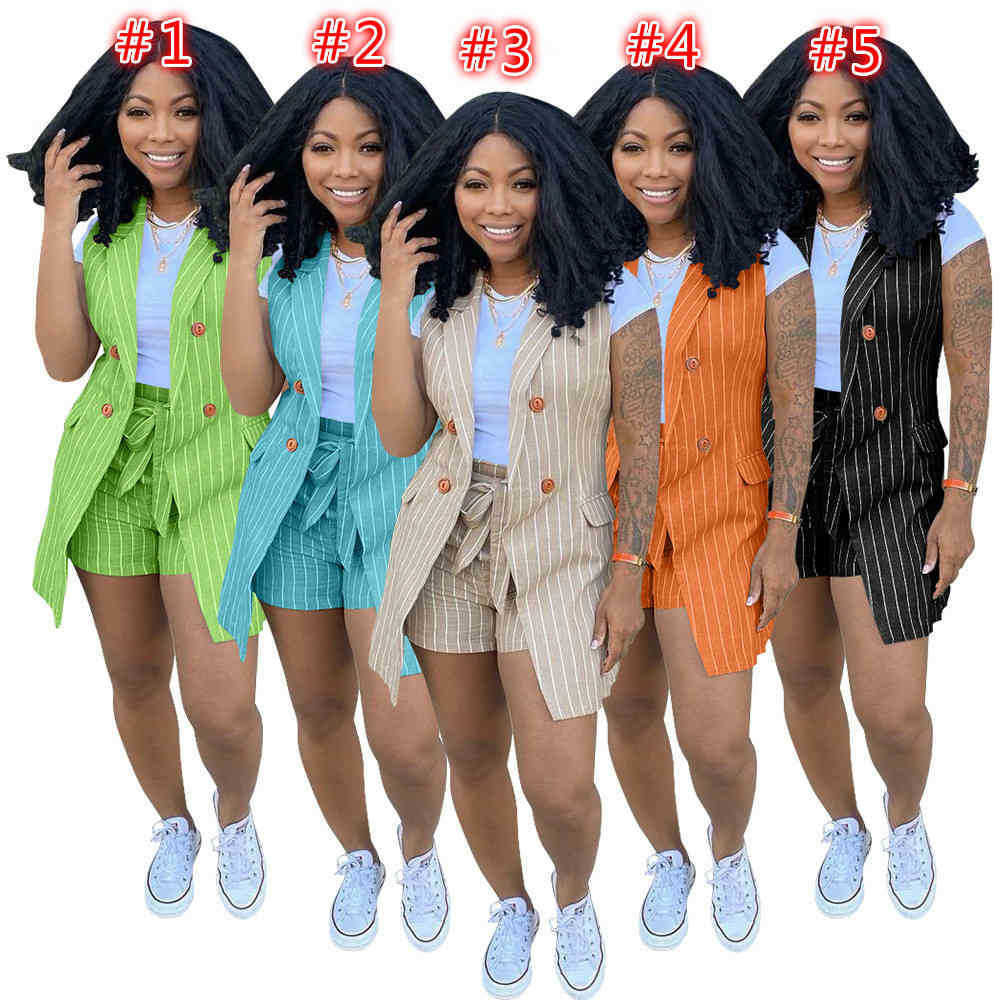 

Summer Women Two Pieces Short Pants Suit Fashion Casual Office Clothing Striped Print Blazer Waistcoat With Belt Shorts Outfits Plus Size, Orange