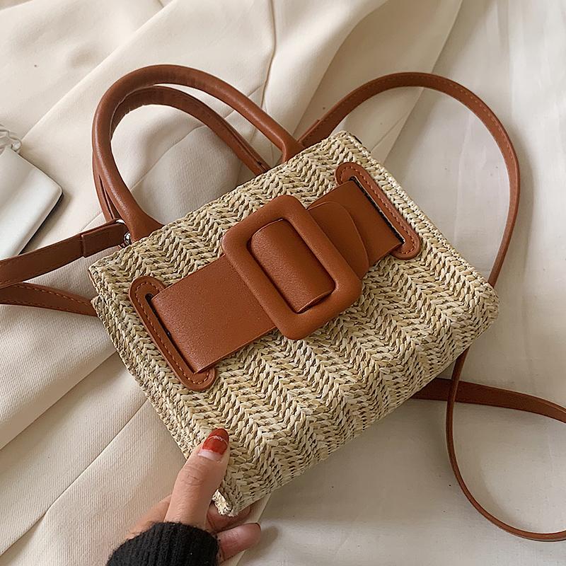 

Elegant Female Contrast color Tote bag 2021 Summer New High-quality Straw Women's Designer Handbag Travel Shoulder Messenger Bag, Black