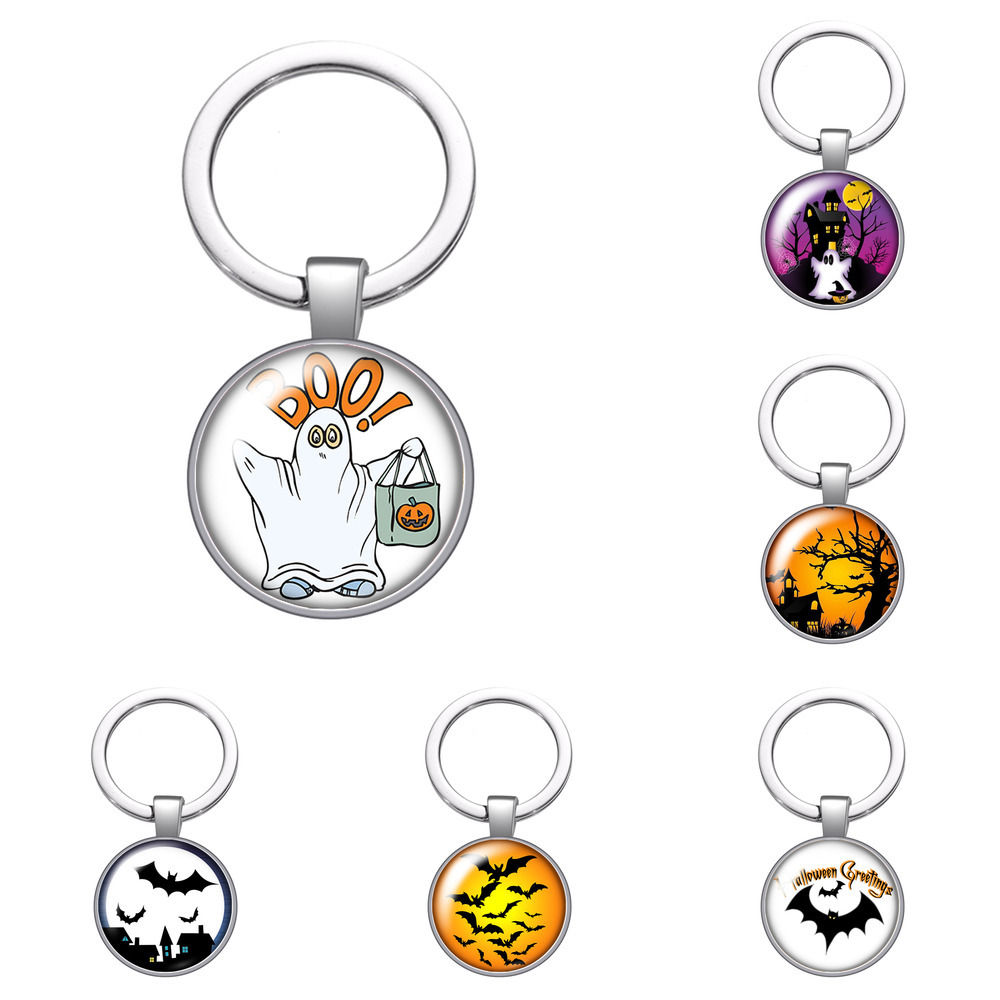 

Halloween Ghost Pumpkin Bat Glass Cabochon Keychain Bag Car Key Chain Ring Holder Silver Color Keychains for Men Women Gifts