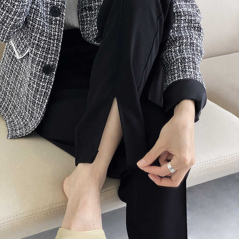 

Spring Fork Wide-legged Pants Women High Waist Drop Feeling Loose Drag Casual Suit Straight Long Female 210607, Black