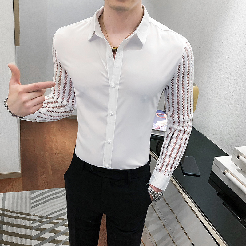 

2021 New British Style Autumn Lace Long-sleeve Male Shirt Fashion Thin Fit Casual Shirts All Game Night Club Prom Tuxedo Wvze, Black