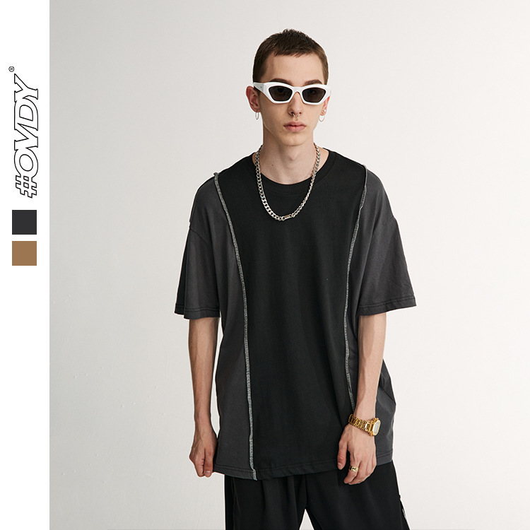 

wxwovdy men's 2021 spring and summer new trend vertical bar splicing personalized lovers loose t-shirt short sve men's wear, White;black
