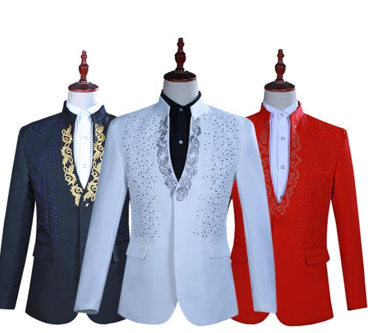 

Men' Suits & Blazers Stand Collar Clothes Men Designs Stage Costumes Singers Drilling Applique Jacket Sequins Blazer Dance Star Style, Black