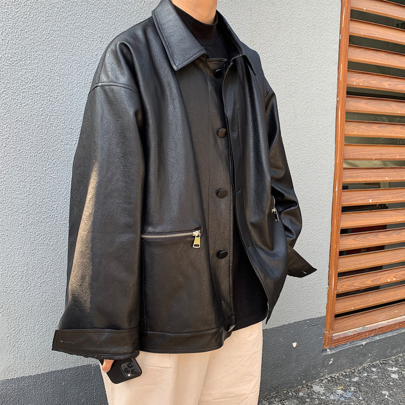 

2021 New Spring Black Leather Men's Fashion Streetwear Buttons Motorcycle Jackets Mens Loose Hip-hop Bomber Jacket Men M-2xl G6fn