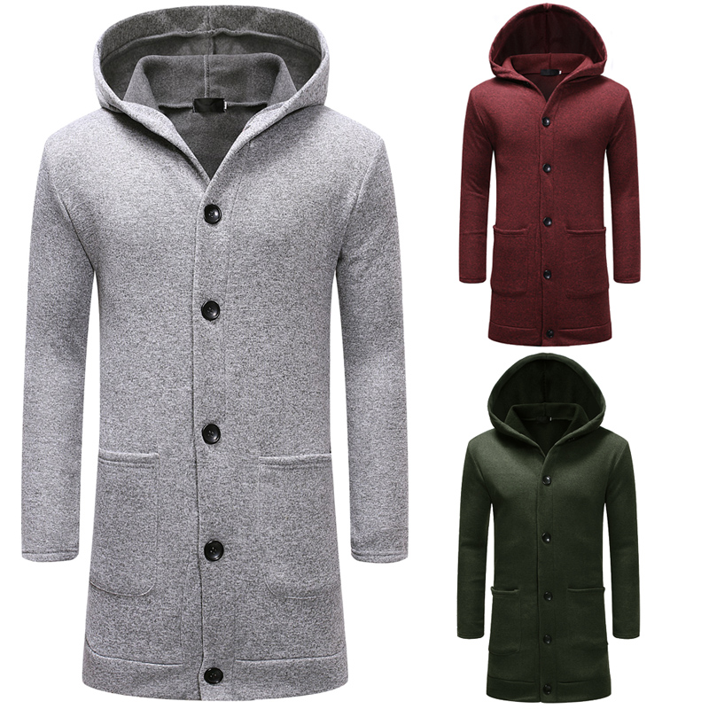 

Mens Fashion Casual Trench Coats Thickened Extended Button Decorative Warm Windbreaker Various Color Styles, Green