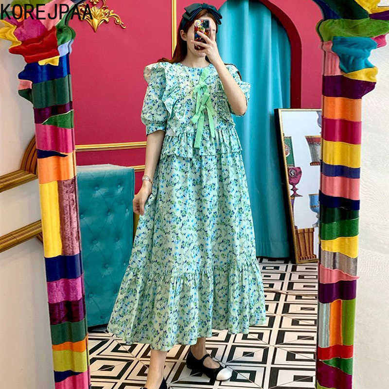 

Korejpaa Women Dress Summer Korean Chic Girls Fresh Floral Round Neck Bow Decoration Loose Puff Sleeve Hem Ruffle Vestidos 210526, Green