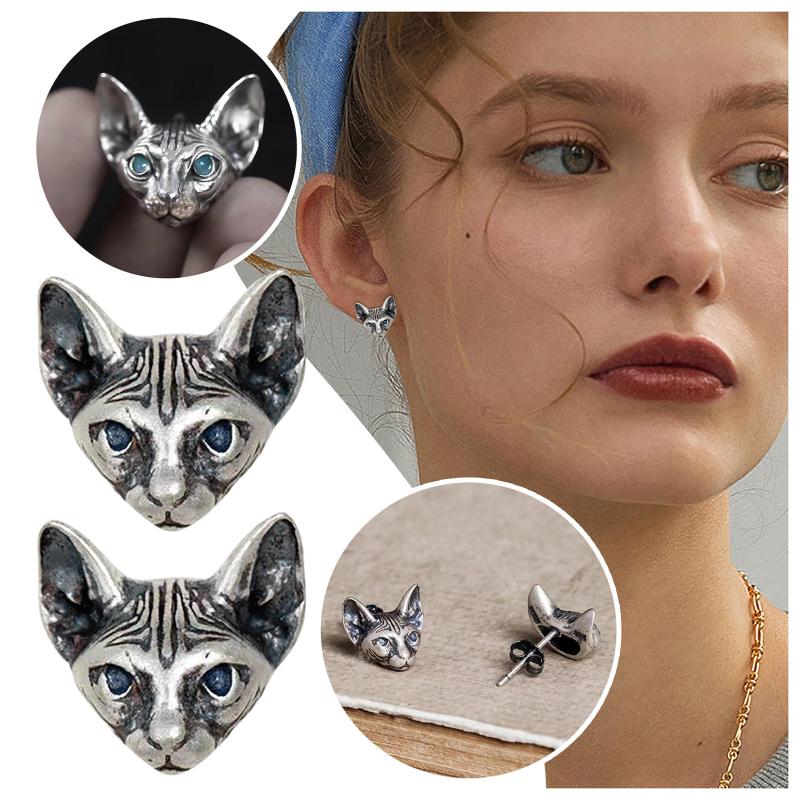 

Stud Fashion Design Unisex Metal Cat Head Earrings Retro Style Male Female Animal Personality Jewelry Gift, Golden;silver