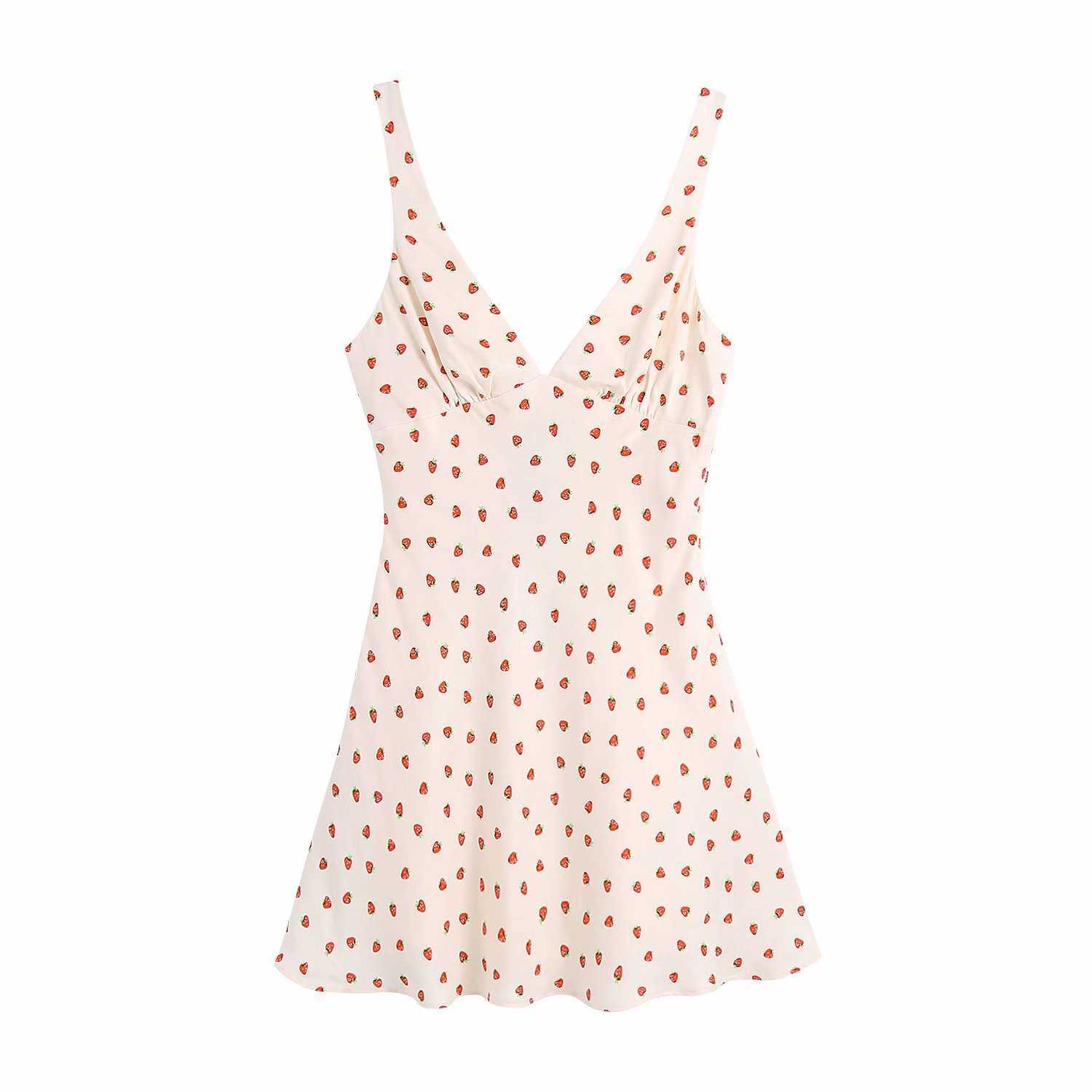 

Summer Women Printed Dress V-neck Straps Sleeveless Casual Fashion Vintage Chic Lady Woman Short dress Sundress 210709, Strawberry print