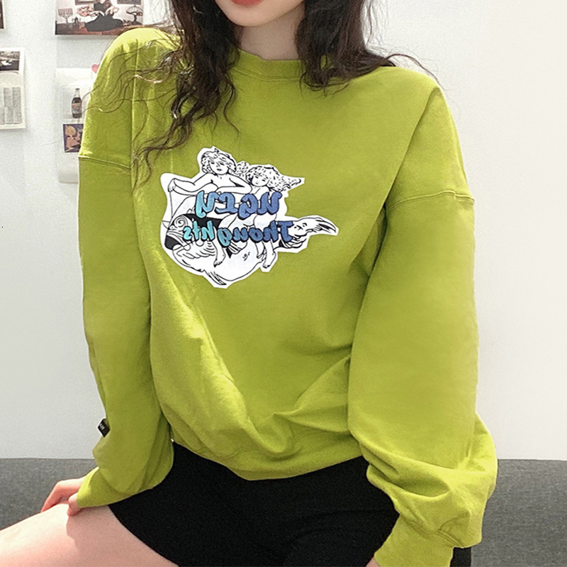 

2021 Light Green Angel Printing Oversized Sweatshirt Women Girls Loose Casual Winter Thin Brand Fashion Designer Clothes for Teens L4fj