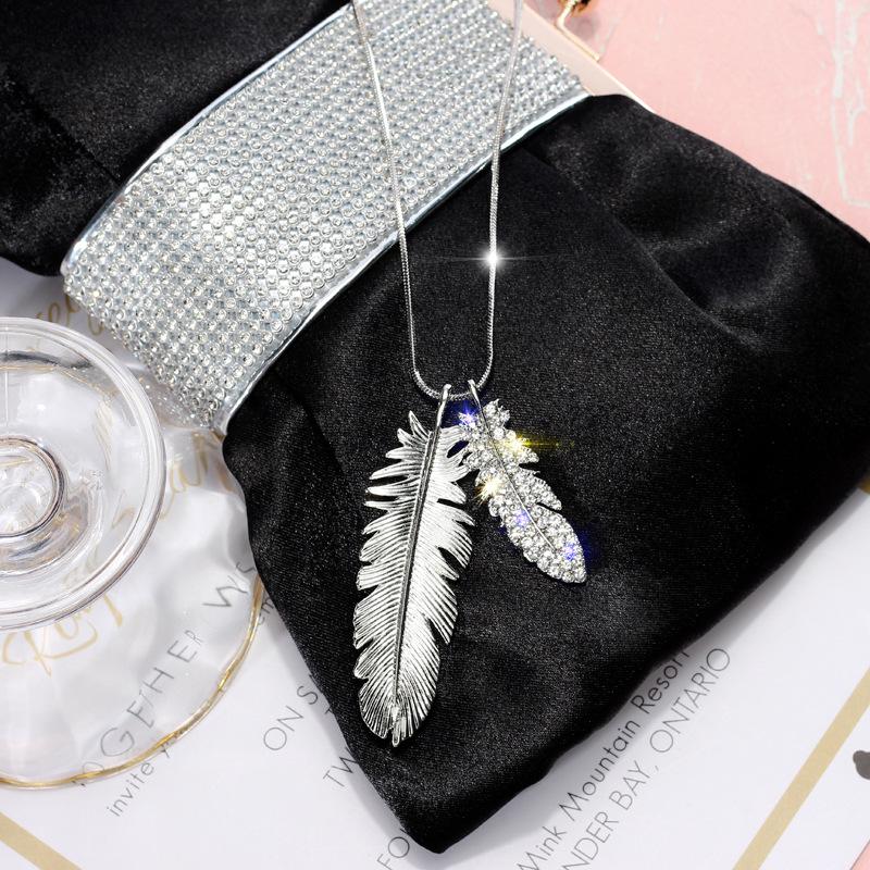 Pendant Necklaces USTAR Feather Sweater Long For Women Shiny Rhinestone Silver Color Fashion Jewelry Accessories-image-706624983
