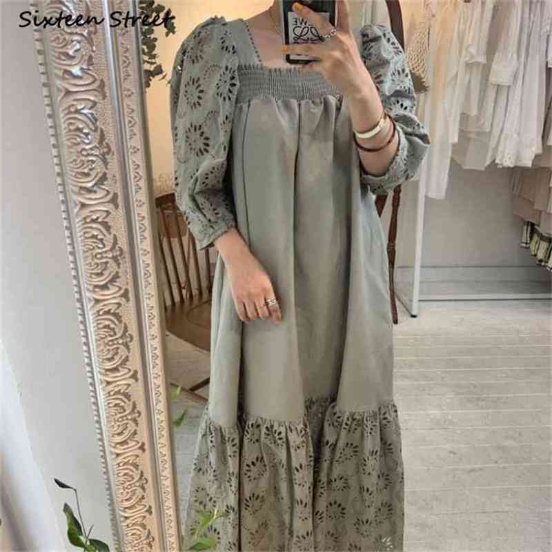 

Retro Summer Dresses Woman Puff Sleeve Green Lace Elegant Clothing Female Vestidos Square Collar Vintage Maxi Dress For 210603, Camel