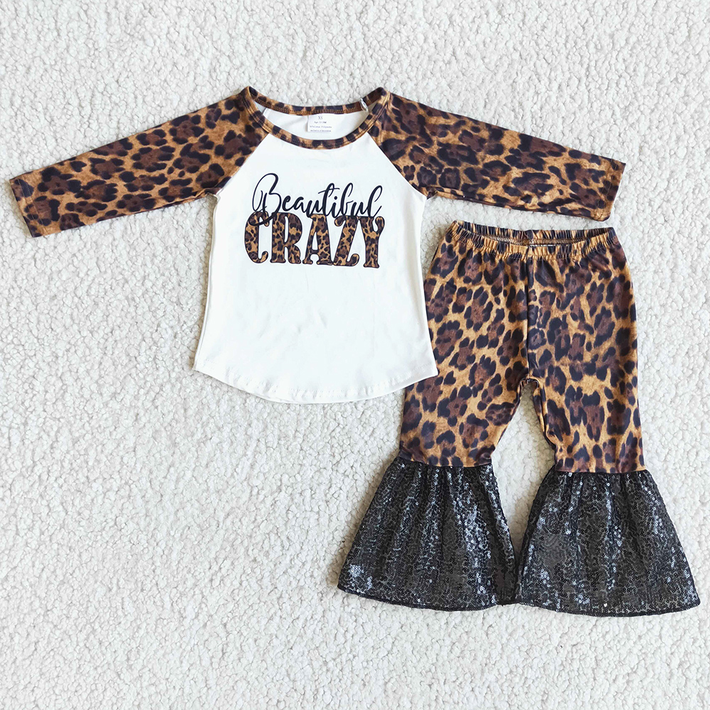 

Boutique Kids Clothes Girl Set Leopard Fashion Toddler Baby Girls Designer Clothes Sequins Bell Bottom Outfits High Quality Children Sets Wholesale Bulk, Multi