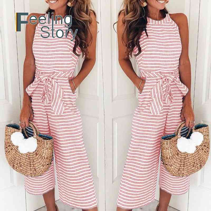 

Striped Full Bodysuit Jumpsuit for Women Sleeveless Jumpsuits Elegant Rompers Summer Playsuit Casual Wide Leg Overalls 210603, Green