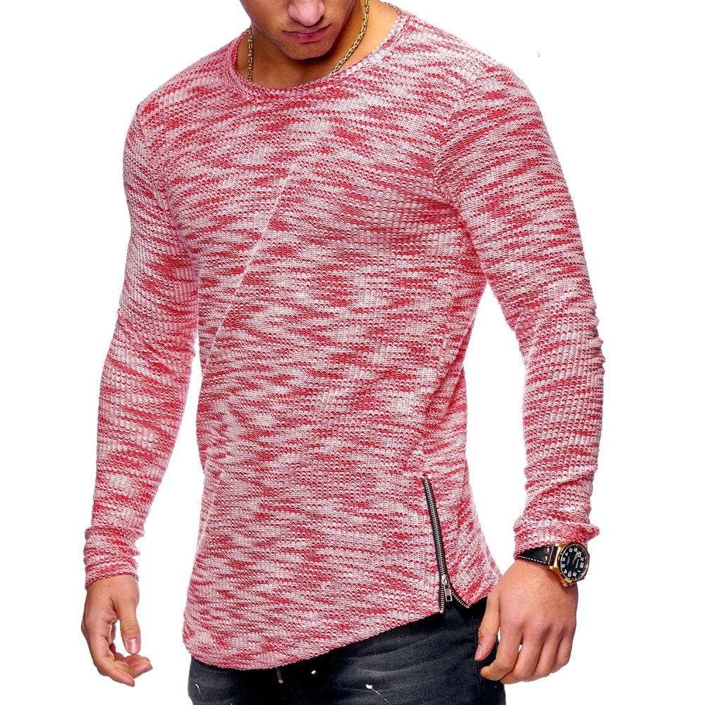 

2021 Spring Summer Casual Male Fashion Striped Neck-neck Irregular Tshirt Zipper Mesh Long Shirt Length Bodybuilding Dnkm, Red