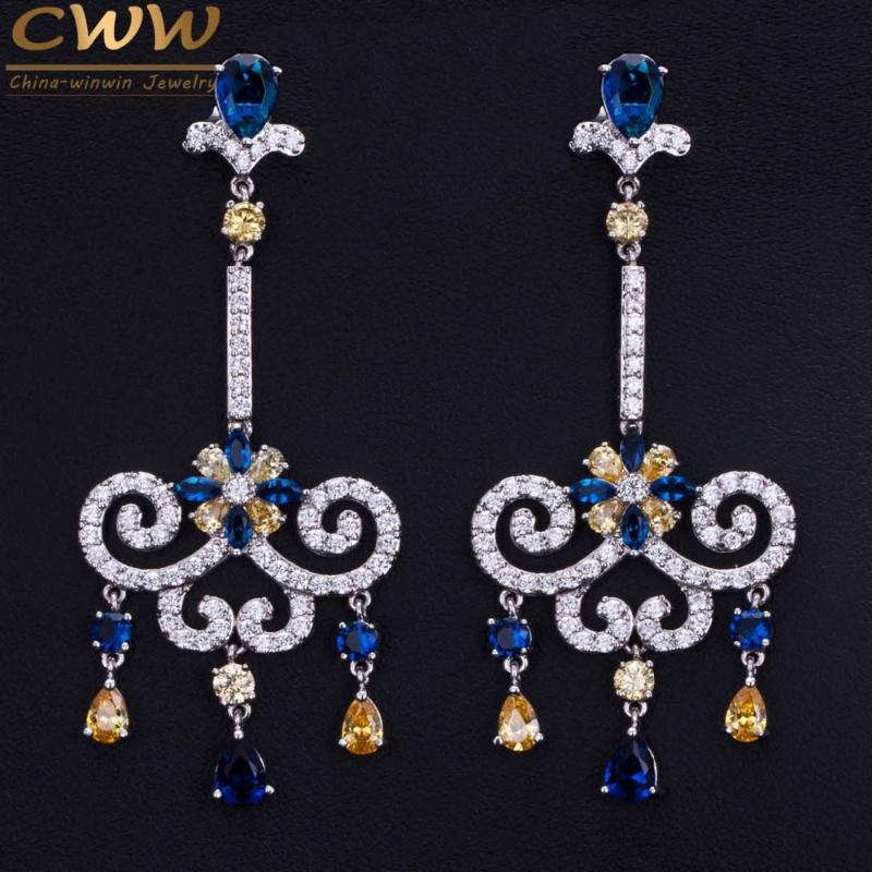 

Dangle & Chandelier CWWZircons 2021 European Royal Style Yellow Blue CZ Crystal Long Dangleing Vintage Earrings Luxury Cubic Zirconia Jewelr, Silver
