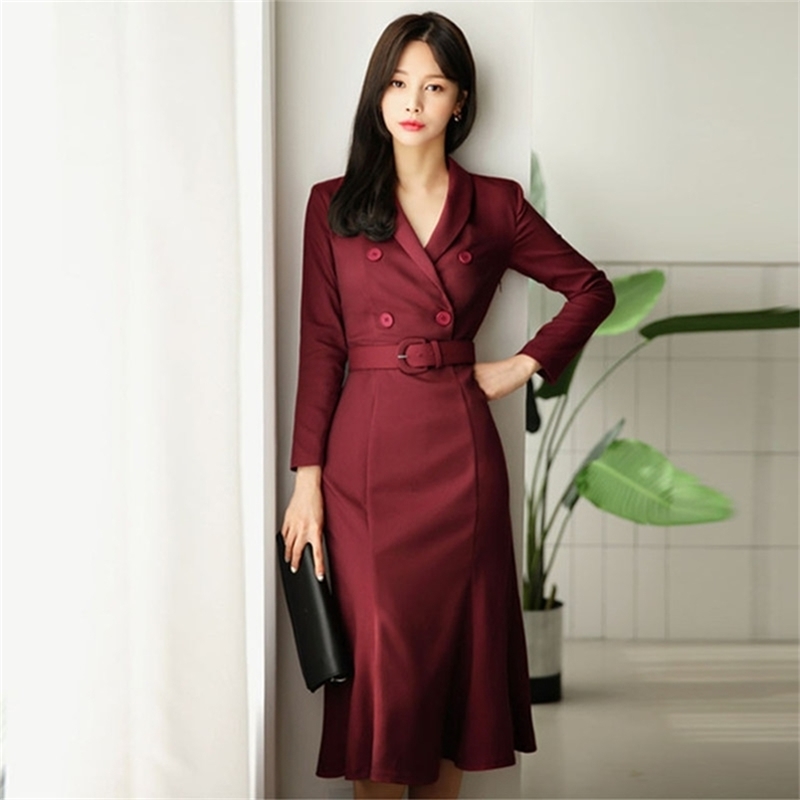 

OL Style Wine Red Women Dress Elegant Double Breasted Sashes Female Vestidos V-neck Mid-length Wear to Business 210603, Picture color
