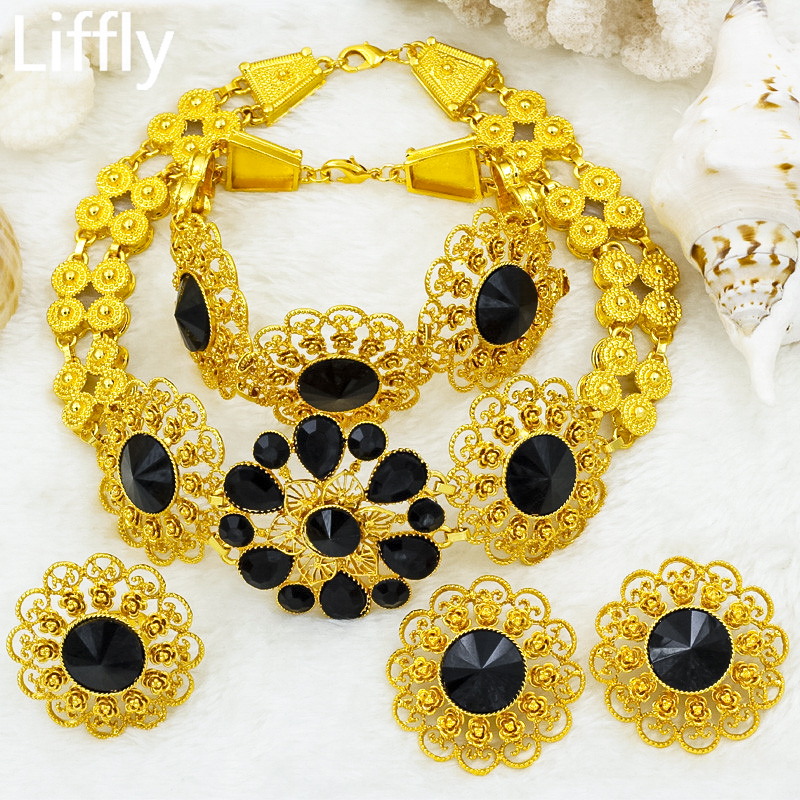 

Liffly Bridal Jewelry Set Nigerian Wedding Dubai Gold Jewelry Sets for Women African Big Flowers Necklace Earrings Jewellery, Golden