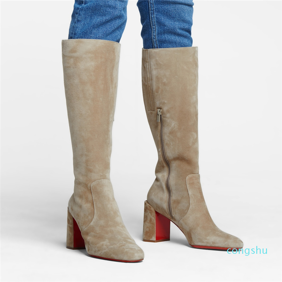 Kaki En Cuir Daim Long Boot Paris Chaussures de designer de luxe Rouges Bottes de fond Cavalika Suedes Knee-High Bootie Chunky Heeled with Boxes