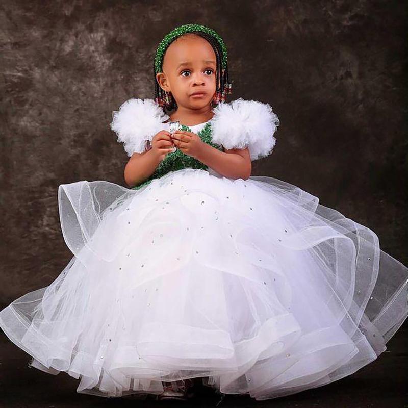 

Girl's Dresses White Lace Crystals Flower Girl Ball Gown Tulle Tiers Lilttle Kids Birthday Pageant Weddding Gowns, Green