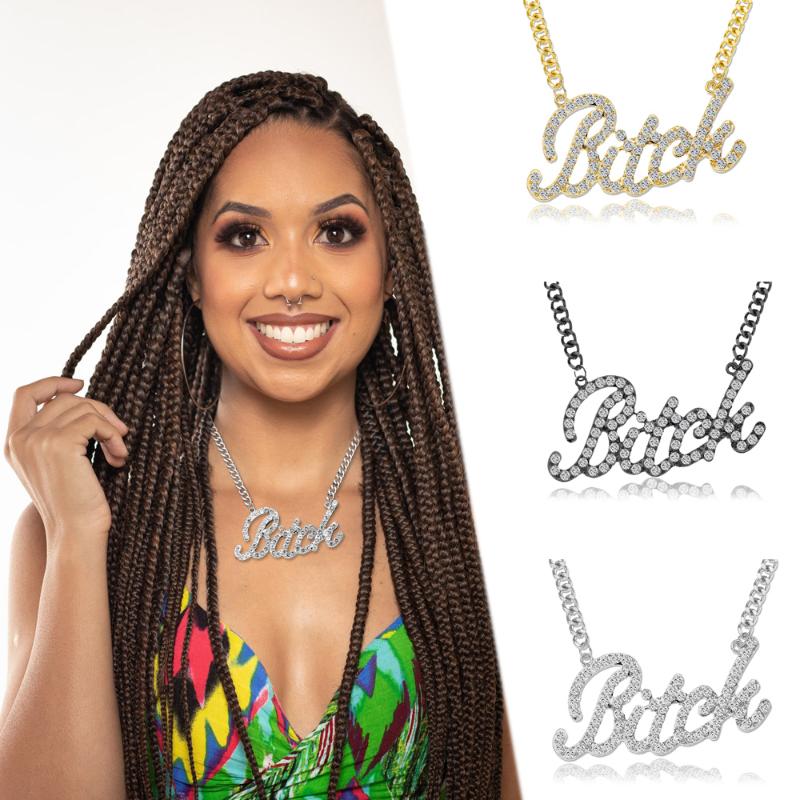 

Chains Crystal Rhinestone Necklace For Women Big Bitch Word Pendant Chunky Link Chain Urban Bling Friend Friendship BFF Gift