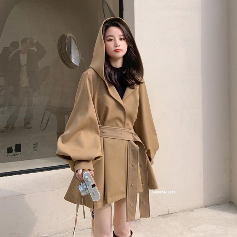 

Women' Trench Coats 2021 Spring Autumn Cape Version Hooded Khaki Minimalist Coat Sashes Windbreaker Loose Flare Sleeve