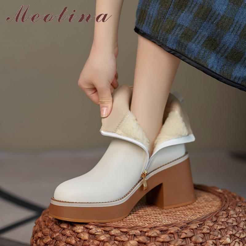 

Boots Meotina Women Shoes Genuine Leather Wool Fur Western Platform Super Thick HIgh Heel Ladies Zip Ankle Winter 40, Beige wool fur