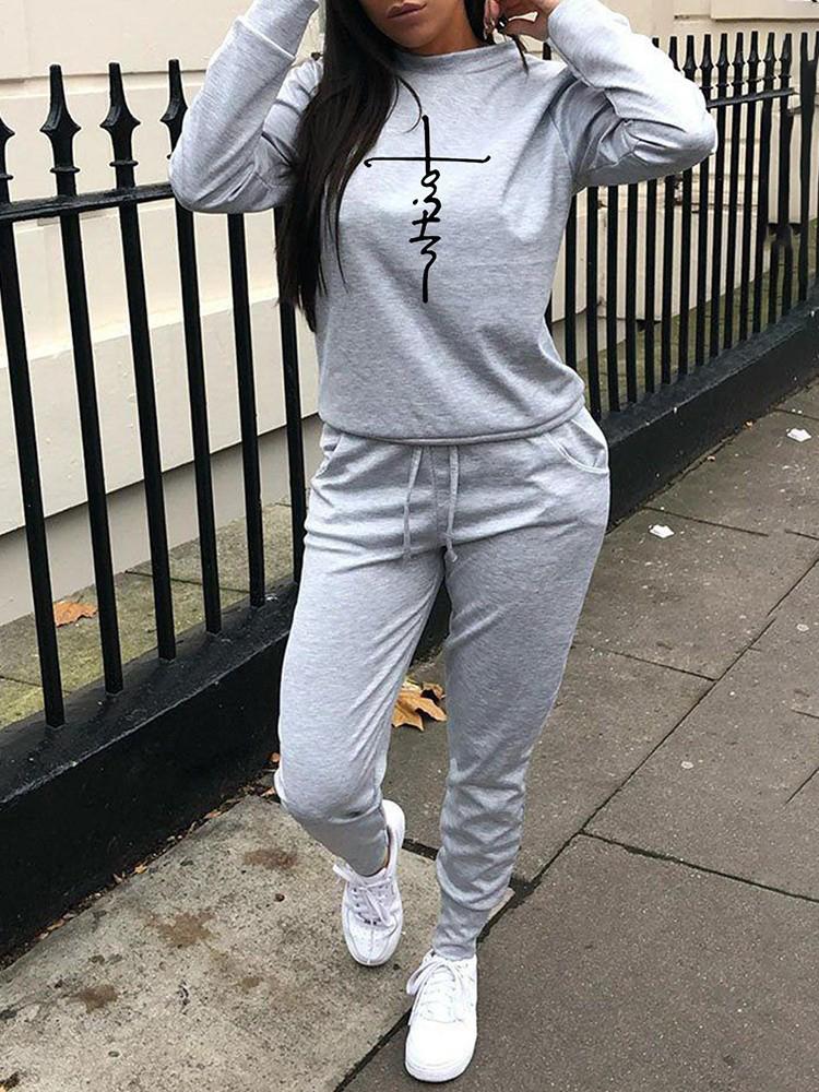 

Women's Two Piece Pants 2021 Fall Clothes For Tracksuit Women Long Sleeve Letter Print Sweatshirt & Set S~5XL Sporty Ensemble Femme 2 PiÃ¨ces, White