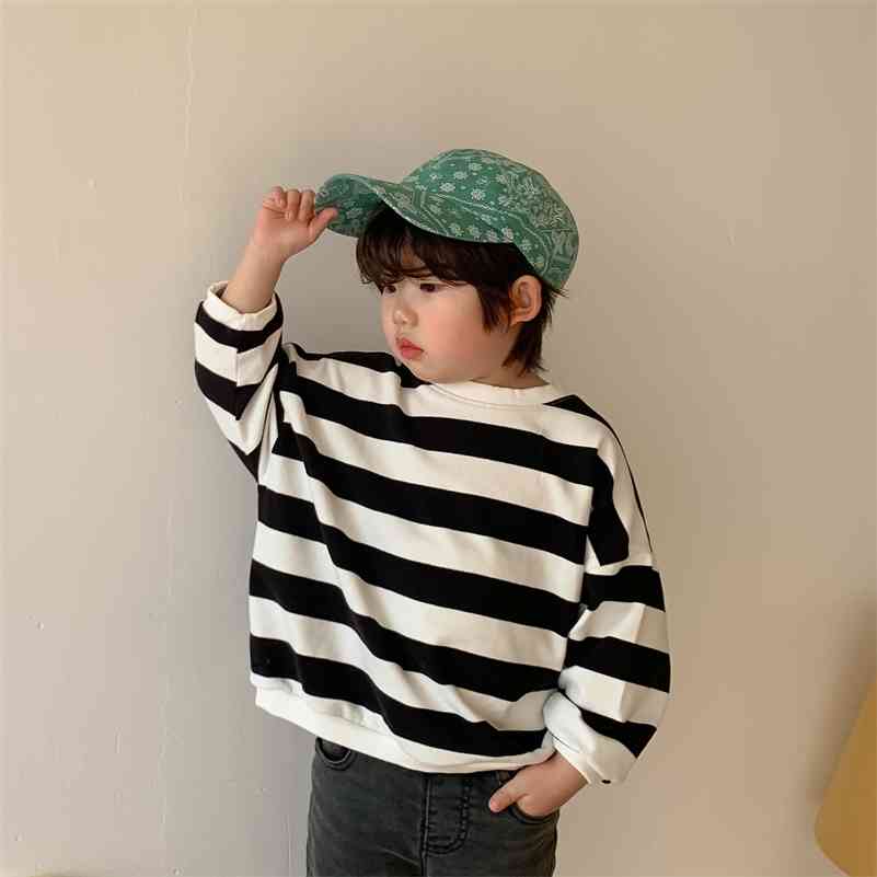 

Spring unisex cotton loose striped sweatshirts Boys and girls all-match casual long sleeve Tops clothes 210708, Black stripe