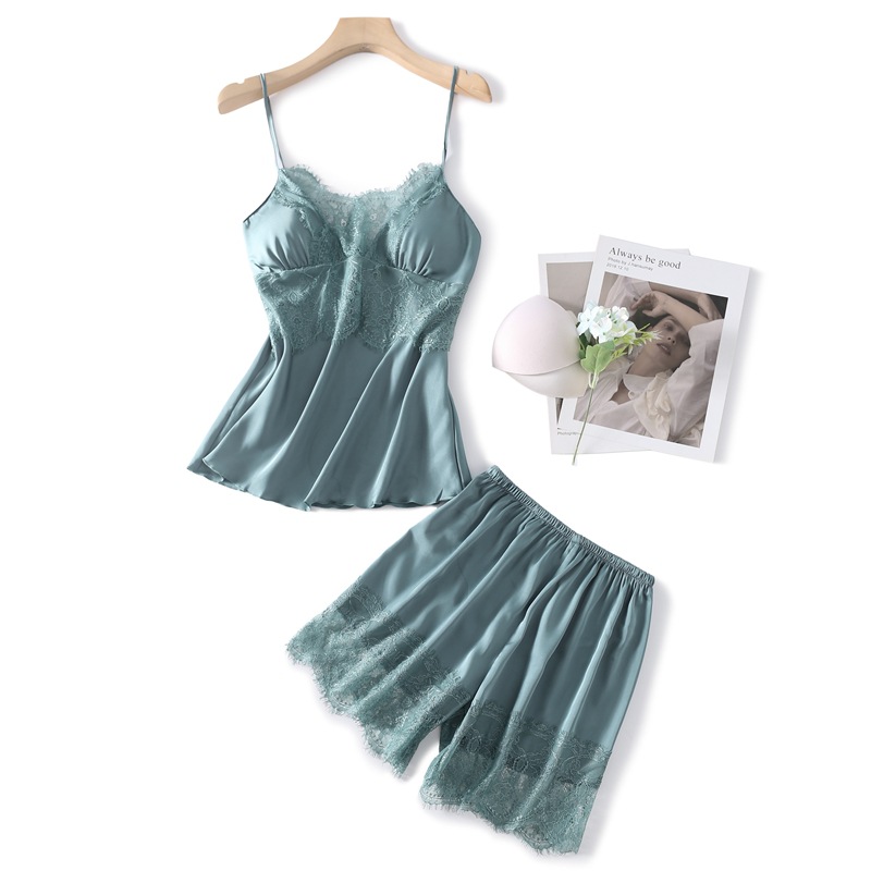 2021 Summer Women Pajamas Sets with Shorts Sexy Satin Lace Pyjama Nightsuits Sleeveless Pijama with Chest Pads-image-708494927