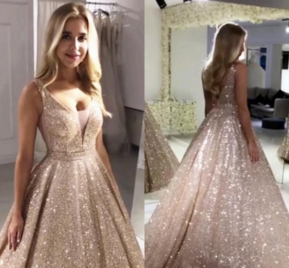

2021 New Gorgeous Rose Gold Sequined Prom Es Sparkle Sequin Ball Gown Evening Backless Abiye Party Robe De Soiree 90eq