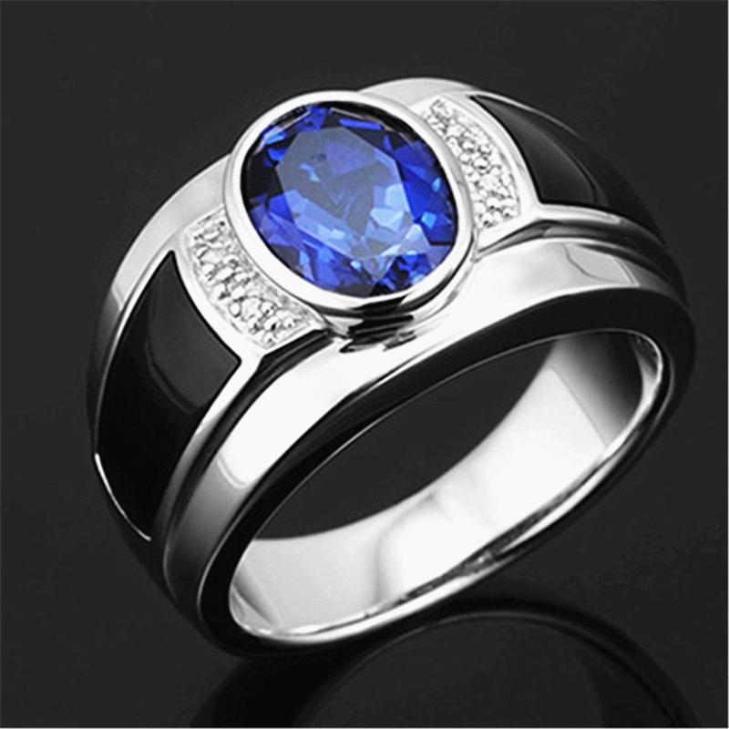 

Cluster Rings Fashion Sapphire Gemstones Blue Crystal Black Agate Zircon Diamonds For Men White Gold Silver Color Jewelry Party Bague