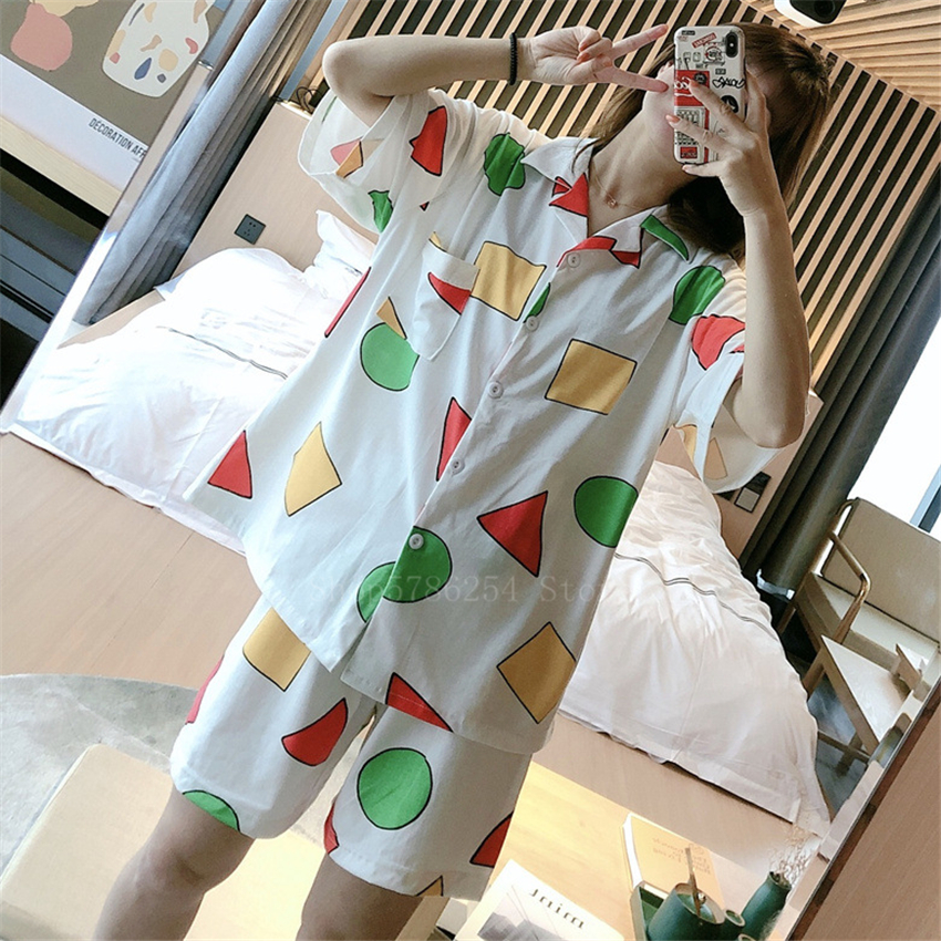 

2021 New Short Sleeve Pajamas Set for Women Polyester Silk Sleepwear 2Pcs Nightwear Cute Print Homewear Summer Lounge Pyjamas, Blue