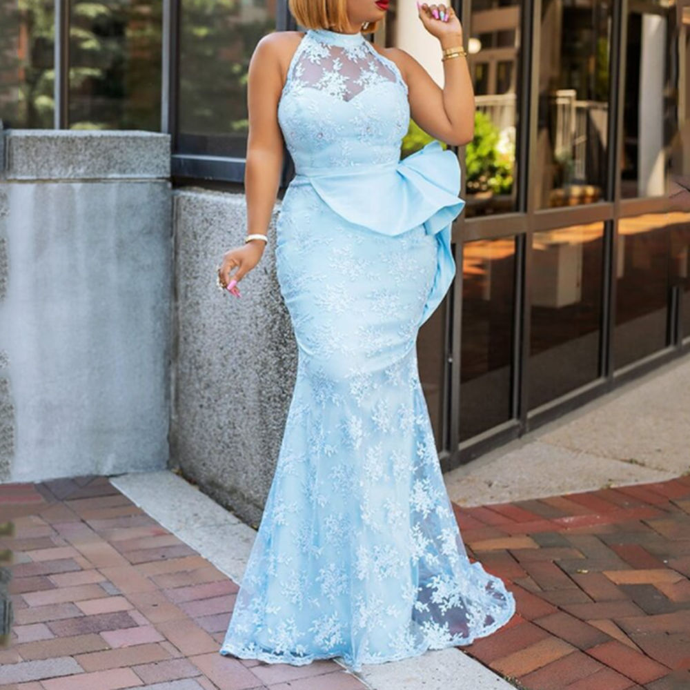 Afrique du Sud Aso Ebi sirène dentelle robes de soirée bleu ciel clair licou cou sans manches longue robe de bal pour les femmes Peplum froncé ro