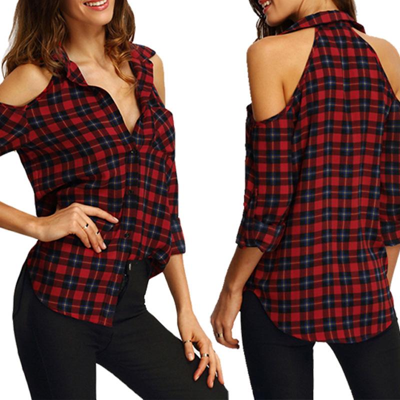 

Women' Blouses & Shirts Red Plaid Blouse Off Shoulder Women Sexy Top Femme Casual Shirt Checkered Long Sleeve V Neck Spring Autumn Chemise, As pic