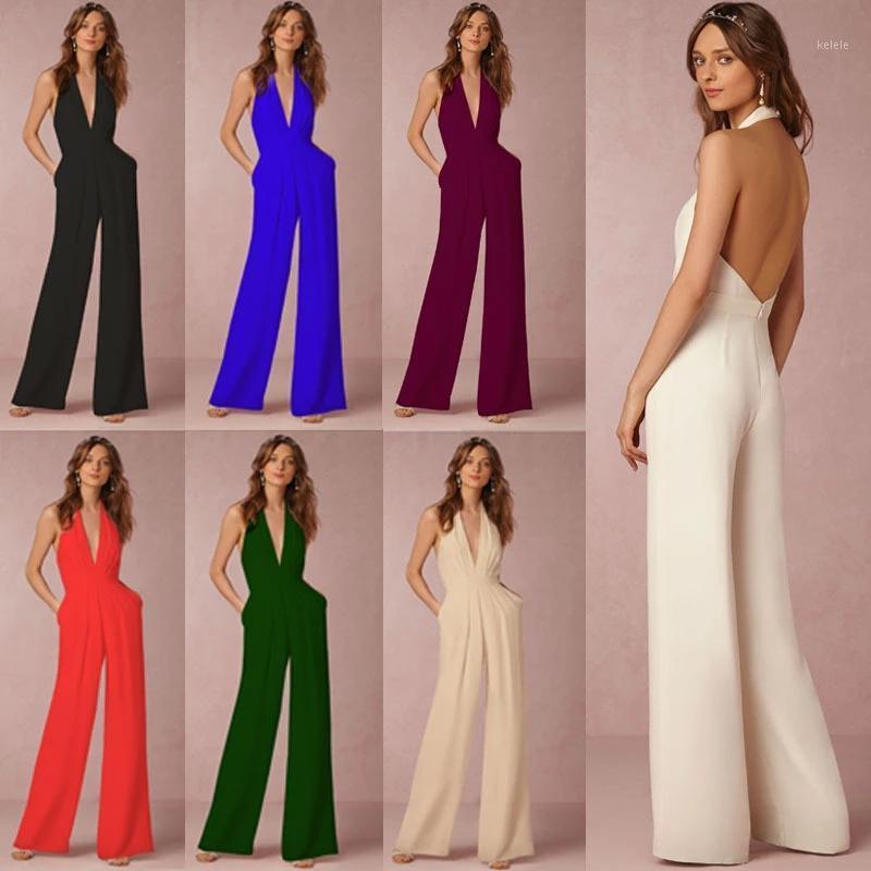 

Sexy Bodysuit White Women Jumpsuit V Neck Sleeveless Female Romper Spring Summer Wide Leg Overalls Women's Jumpsuits & Rompers, Black;white