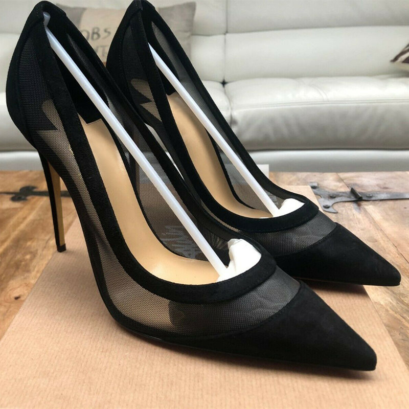 

Free shipping Fashion Women Shoes Sexy designer black suede lace mesh point toe stiletto Women's shoes 12cm 10cm 8cm stripper heels, Black 8cm